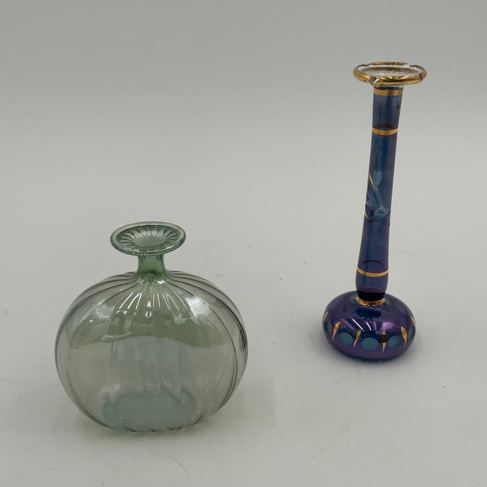 Pair of VTG Egyptian Hand-Blown Glass Perfume Bottles Blue & Gold & Iridescent